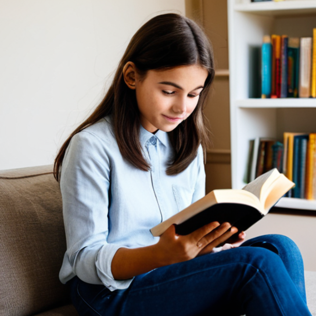 A focused young adult, fully clothed in modest smart casual attire, sits comfortably in a cozy, well-lit living room. They are holding a French novel, absorbed in reading, with a warm, inviting atmosphere surrounding them. Bookshelves filled with various books are visible in the background, suggesting a love for learning. The scene emphasizes tranquil, enjoyable learning through immersion. Perfect anatomy, correct proportions, natural pose, well-formed hands, proper finger count, natural body proportions, professional photography, high-resolution, safe for work, appropriate content, family-friendly.