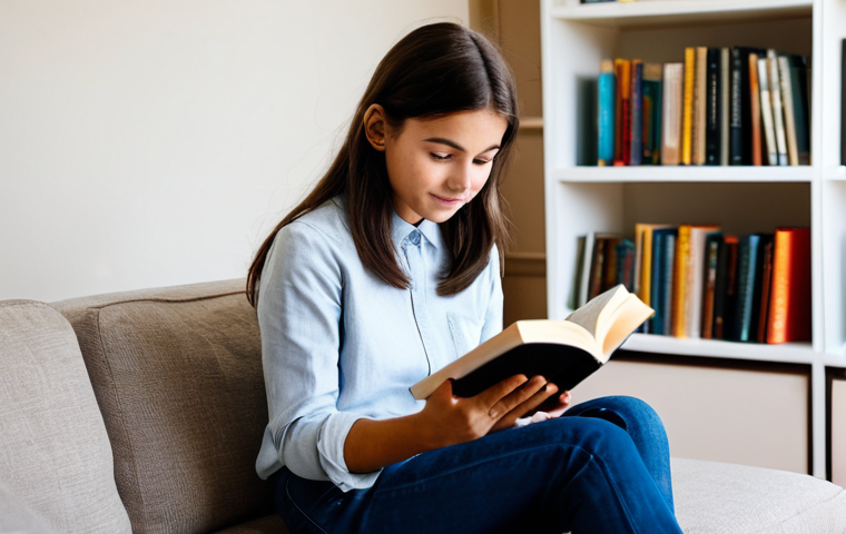 A focused young adult, fully clothed in modest smart casual attire, sits comfortably in a cozy, well-lit living room. They are holding a French novel, absorbed in reading, with a warm, inviting atmosphere surrounding them. Bookshelves filled with various books are visible in the background, suggesting a love for learning. The scene emphasizes tranquil, enjoyable learning through immersion. Perfect anatomy, correct proportions, natural pose, well-formed hands, proper finger count, natural body proportions, professional photography, high-resolution, safe for work, appropriate content, family-friendly.