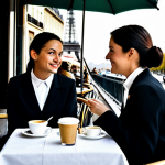 Parisian Café Scene**

A bustling Parisian café scene on a sunny afternoon. People are sitting at tables, fully clothed in fashionable, modest attire appropriate for the season.  A waitress in a classic black and white uniform serves coffee. In the background, the Eiffel Tower is subtly visible.  The scene is filled with vibrant colors and natural light.  Safe for work, appropriate content, family-friendly, professional photography, perfect anatomy, correct proportions, natural pose, well-formed hands, proper finger count, natural body proportions.

**