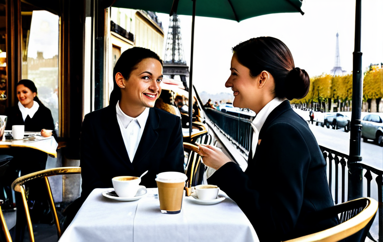 Parisian Café Scene**

A bustling Parisian café scene on a sunny afternoon. People are sitting at tables, fully clothed in fashionable, modest attire appropriate for the season.  A waitress in a classic black and white uniform serves coffee. In the background, the Eiffel Tower is subtly visible.  The scene is filled with vibrant colors and natural light.  Safe for work, appropriate content, family-friendly, professional photography, perfect anatomy, correct proportions, natural pose, well-formed hands, proper finger count, natural body proportions.

**