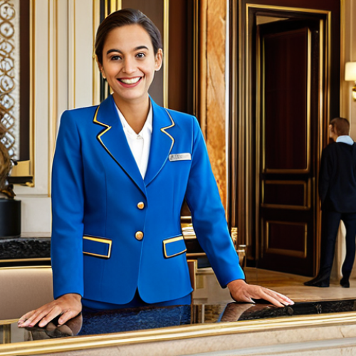 Home 19 Luxury Hotel Reception**
"A friendly hotel receptionist in a stylish, fully clothed uniform, assisting a diverse group of guests in a grand Parisian hotel lobby, appropriate attire, safe for work, perfect anatomy, natural proportions, professional photograph, high quality, family-friendly atmosphere."
**