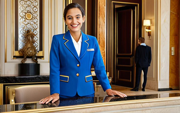 Luxury Hotel Reception**

"A friendly hotel receptionist in a stylish, fully clothed uniform, assisting a diverse group of guests in a grand Parisian hotel lobby, appropriate attire, safe for work, perfect anatomy, natural proportions, professional photograph, high quality, family-friendly atmosphere."

**