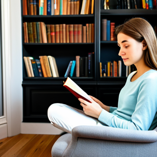 Home 17 프랑스어 프랑스어 읽기 속도 높이는 법 - Focused Reader in a Quiet Space**
"A young woman fully clothed in comfortable, modest attire, sitti...
