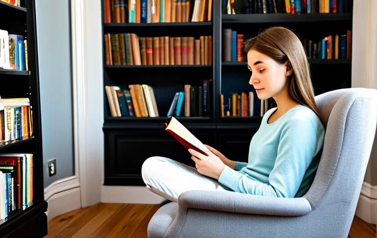 프랑스어 프랑스어 읽기 속도 높이는 법 - Focused Reader in a Quiet Space**
"A young woman fully clothed in comfortable, modest attire, sitti...