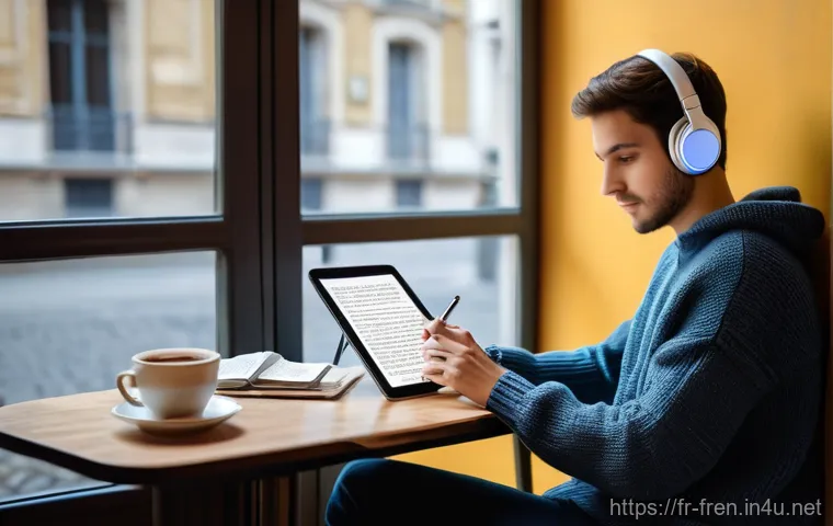 프랑스어 프랑스어 듣기 향상법 - **Prompt:** A young adult, perhaps in their early twenties, with a focused yet relaxed expression, s...