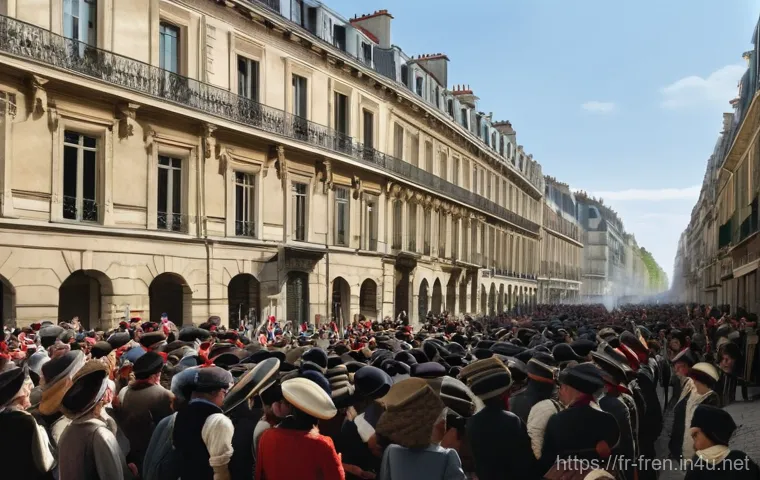 프랑스어 혁명 이후 변화 - **Prompt:** A bustling, energetic scene depicting a Parisian street or square during the early days ...