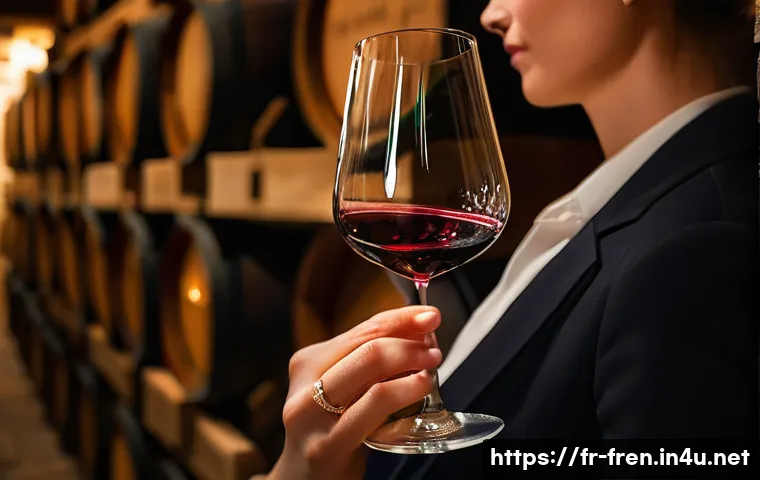 프랑스어 프랑스 와인 용어 - **The Art of French Wine Tasting**
A close-up, elegant shot of a person's hands (gender-neutral,...