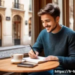 Home 21 프랑스어 자주 쓰는 동사 정리 - A cozy Parisian café scene featuring a young French adult student sitting at a small round table by ...
