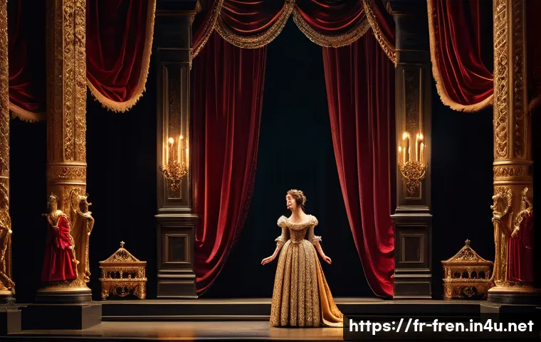 프랑스어 프랑스어 고전 문학 - A grand 17th-century French classical theater stage scene depicting a tragic moment from "Ph&egrave;dre" by...
