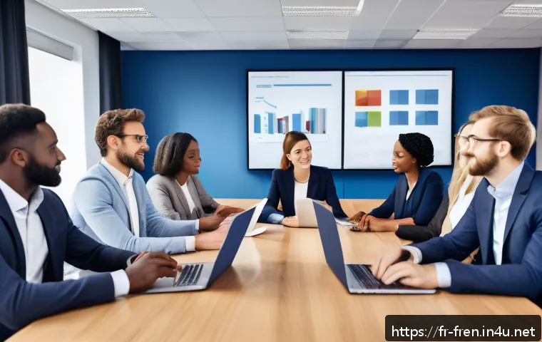 프랑스어 프랑스어권 기업 취업 전략 - A professional French office setting showing a diverse group of colleagues engaged in a respectful t...